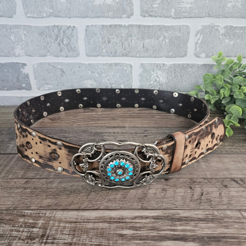 The Buckle Studded Leather Belt Rhinestone Bling Buckle Cowgirl Festival Small